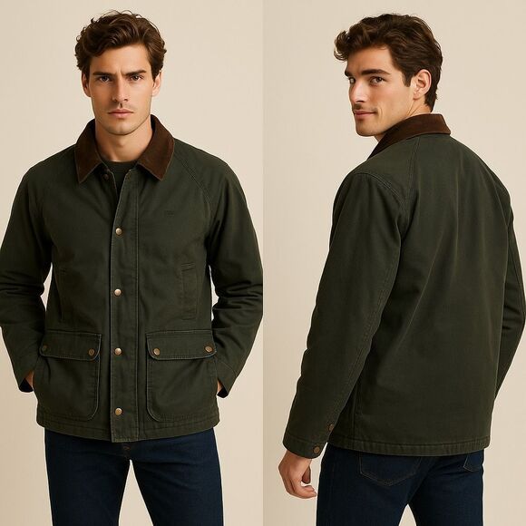 King Ranch Brushed Canvas Field Barn Jacket M Green Corduroy Collar Work Coat - Picture 1 of 16